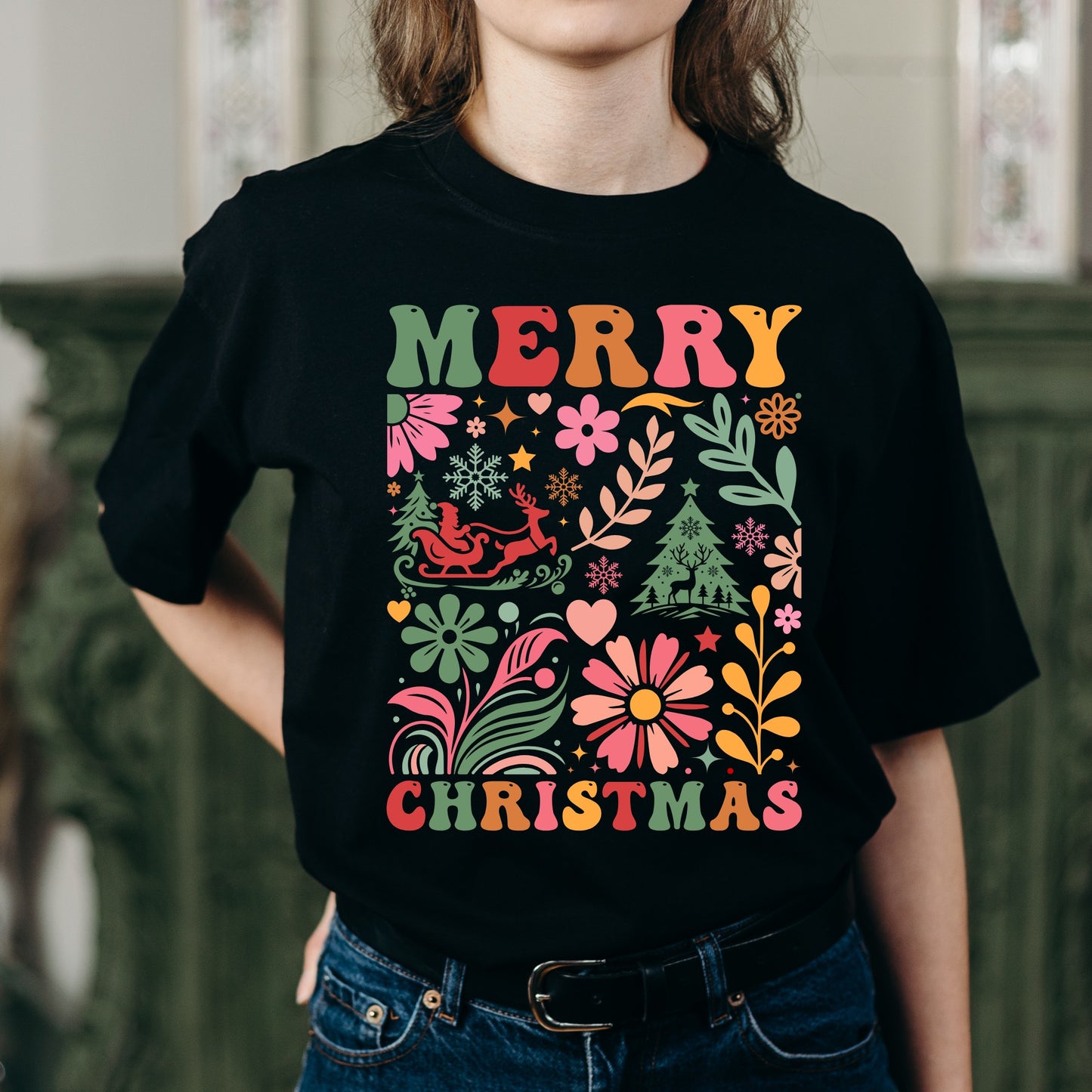 Merry Christmas floral retro t shirt transfer