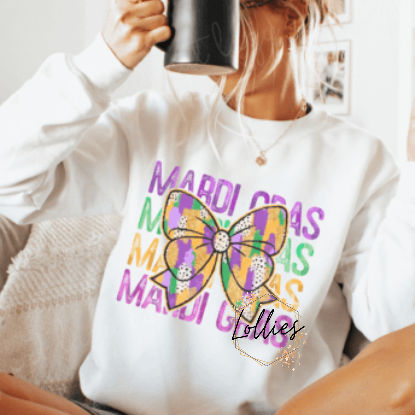 Adult Mardi Gras stacked with bow Sweatshirt