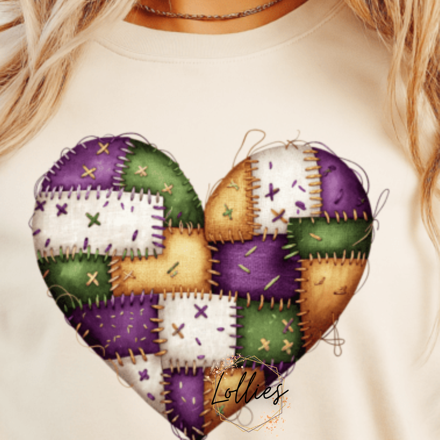 Adult Mardi Gras Quilted patch heart Sweatshirt
